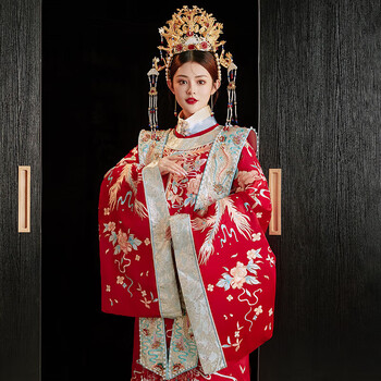 羽雅曼凤冠霞帔古装婚服重工明制汉服婚服2022新娘红蓝齐地立领马面裙