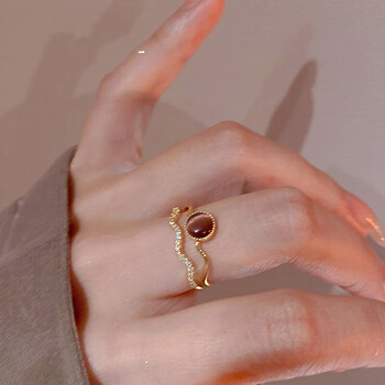 knriquen法式复古宫廷猫眼石戒指女镀金时尚个性双层小众开口戒设镀金