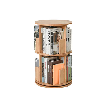 柜创意落地书架靠墙家用客厅小型置物架收纳柜两层圆形旋转书架原木色