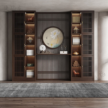 客厅书柜墙客厅书房大一体到顶设计整面墙新中式置物架墙柜供桌组合