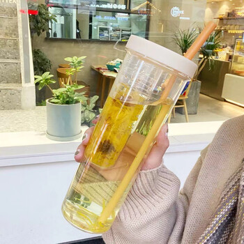 汐悟蕴夏季女大容量塑料吸管杯饮料果汁网红水杯礼品网红700ml黄色700
