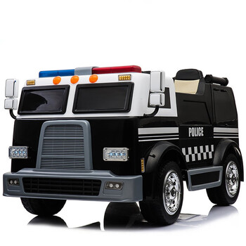 cduck双座儿童电动汽车宝宝四轮遥控越野车警车消防车玩具车自驾黑色