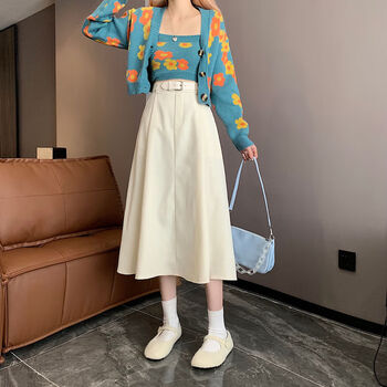 半裙子新款高腰显瘦黑色垂感中长款a字裙女气质半身裙 杏色(配腰带) s