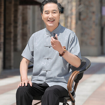 金庐陵爸爸装2023夏季新中式居家服休闲薄款短袖老年人男装爷爷唐装