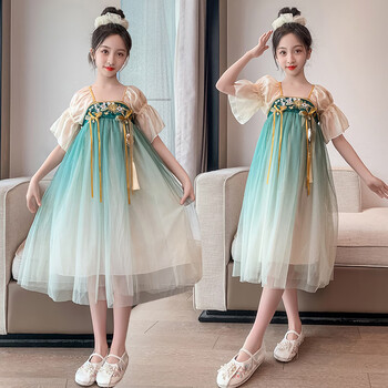 女童中国风旗袍812岁女孩青春期夏天1016岁古风旗袍夏款短袖绿色2380