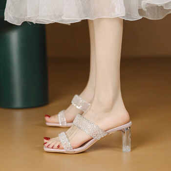 arshfe白色一字带凉拖鞋女夏季法式水晶跟透明水钻带高跟鞋外穿露趾