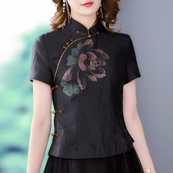 舒莞中式唐装女上衣 真丝龟纹香云纱短款