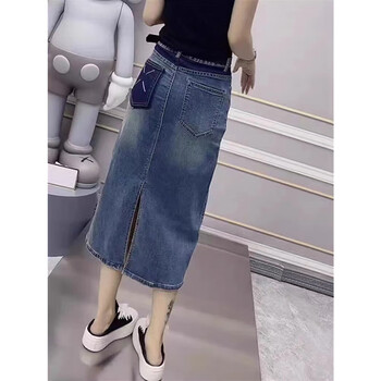 木清清大码弹力开叉牛仔半身裙女秋季胖mm高腰显瘦中长款a字包臀长裙