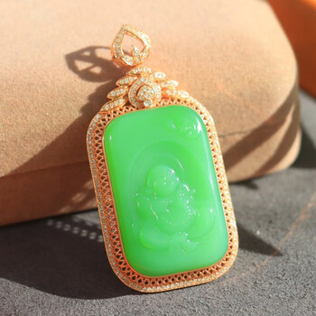 玉赐平安碧玉笑佛女士款吊坠天然新疆和田玉弥勒佛挂件金镶玉佛公项链