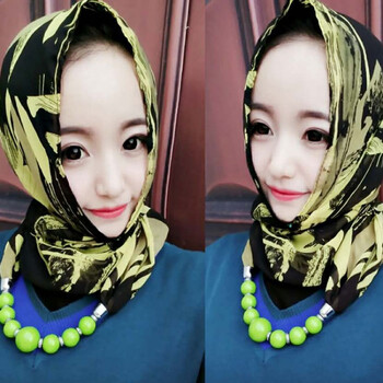 韩版头巾新项链款纱巾回族帽子女盖头春夏防晒薄款头巾 春绿