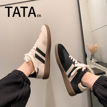 tataek联名2024春新款复古单鞋女学院风休闲平底板鞋浅口拼色真皮德训