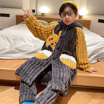 巧萌鸟 男童睡衣冬季珊瑚绒长款睡袍套装卡通中大童胖男孩冬天儿童