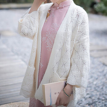 tivin镂空针织开衫女春秋季慵懒风粗线毛衣外套宽松百搭旗袍披肩外搭