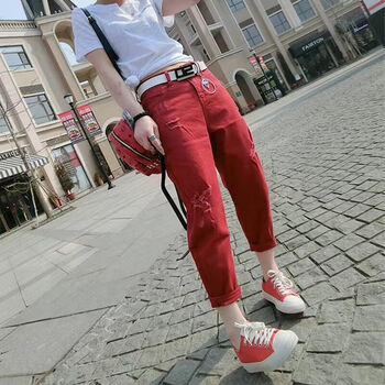 服饰内衣>女装>牛仔裤>左相>左相春秋破洞牛仔裤女红色显瘦老爹裤哈伦