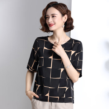 夏天中年妈妈真丝短袖衫夏装桑蚕丝半袖上衣中老年夏季女大码t恤黑色
