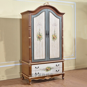 卧室衣柜主卧 美式双门主卧衣柜实木 小户型2门衣橱复古彩绘挂衣柜