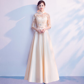 荣阔礼仪服装颁奖伴娘服香槟色晚礼服裙女中式旗袍颁奖主持人迎宾