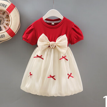 红色蝴蝶结小熊连衣裙夏装新款女童短袖裙花苞裙子洋气甜美薄红色80cm