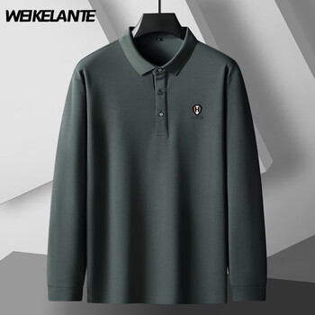 weikelante2023秋季新款男士加肥加大码商务休闲翻领长袖色t恤衫男灰