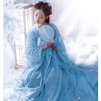 歌斌仙鹤汉服女学生古装长款齐胸襦裙云鹤裙大袖衫秋冬季 蓝色云鹤