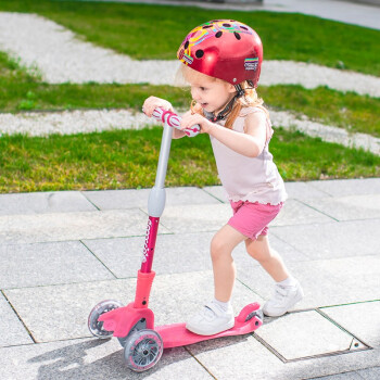 米高 滑板车儿童1-3-12岁闪光轮可调节可折叠度升降三轮踏板车 粉色-小童适合1-5岁