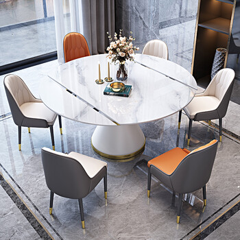 左右餐桌伸缩圆桌岩板餐桌可伸缩家用小户型现代简约轻奢方圆两用伸缩