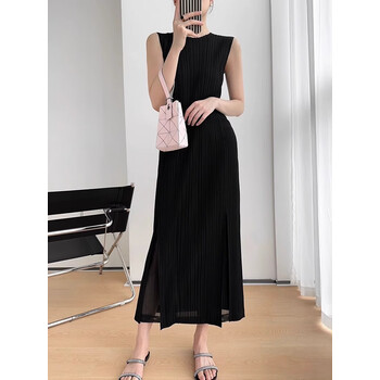 三宅一生(issey miyake)pleats please通勤松紧收腰镂空无袖长裙气质
