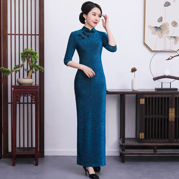 三本青新款旗袍连衣裙中国风旗袍女改良礼服中高端性感秀色孔雀蓝7分