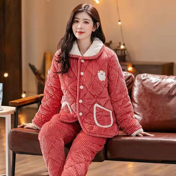 冬季睡衣女冬加厚可外穿加绒珊瑚绒保暖三层夹棉秋冬天女装法兰绒家居