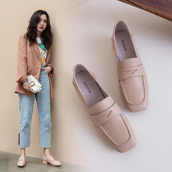 皮鞋女英伦风一脚蹬粗跟单鞋两穿粗跟乐福鞋浅口百搭女鞋 af817 杏色