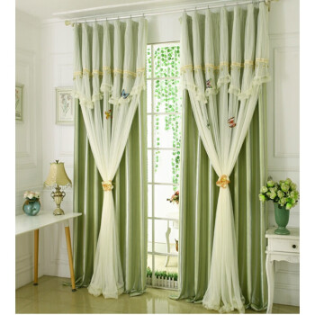 双层纱布一体带帘头公主风婚房卧室简约现代遮光欧式窗帘布料 果绿色