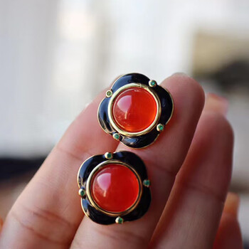 玉你有约天然红玛瑙方形耳钉复古法式港风耳饰红色系耳环2022年新款潮