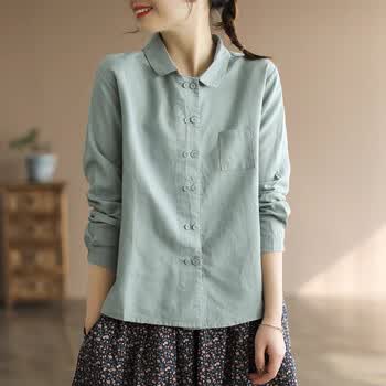 mdug素订棉麻女装素素亚麻长袖气质衬衫女夏宽松显瘦减龄衬牌夏季浅