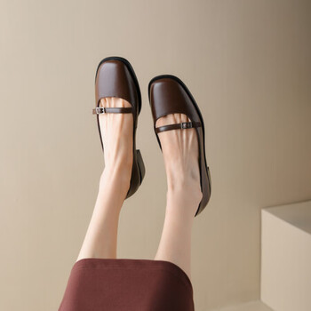 他她复古玛丽珍鞋法式赫本风小皮鞋厚底浅口圆头粗跟jk单鞋女棕色34