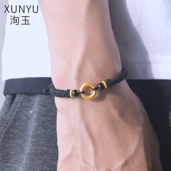 洵玉999纯黄金平安扣男士手链足金编织手绳红绳乾坤圈同心圆生日礼物
