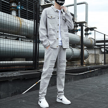 西部牛仔套装胖子大码牛仔外套男士秋冬加绒韩版潮流痞帅一套搭配休闲