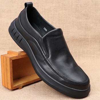 一脚蹬爸爸鞋子春秋款软底软皮男士休闲圆头商务皮鞋黑色男鞋黑色38