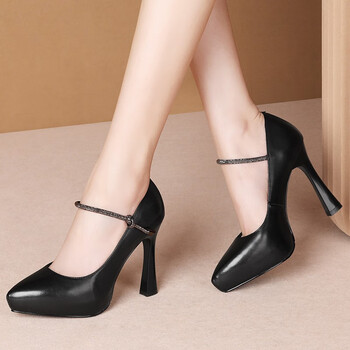 奇惠娅高跟鞋女春秋新款尖头粗跟浅口女单鞋防水台宴会女鞋气质时装鞋