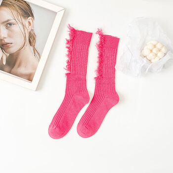 袜袜子男女网红乞丐破洞棉袜子中长筒手工剪裁堆堆袜ins针织袜玫红色