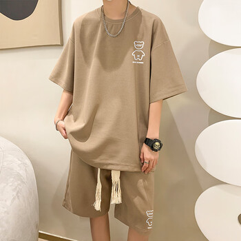 男士休闲运动衣服短袖短裤华夫格男装t恤两 棕色 5xl【图片 价格 品牌