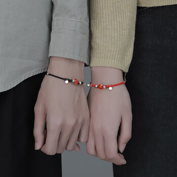 佩丹相思红豆情侣银手链一对情侣款手绳爱心相吸定情信物七夕送男友