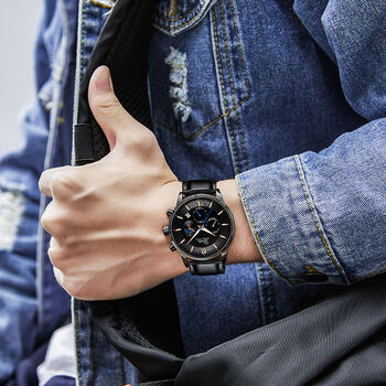 男士手表运动学生石英表男表黑壳黑面皮带定制刻字囎潮男手串皮表带