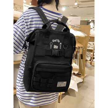 手提式书包女小众高颜值学院风百搭双肩包小学生方形背包guiyu195黑色