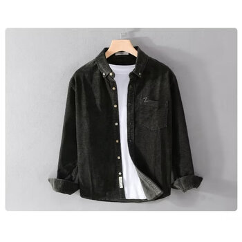 汉世巍hm男装灯芯绒长袖衬衫男秋新款外套复古高级感宽松休闲衬衣男