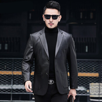 海宁真皮皮衣男西装绵羊皮短款夹克春秋男士修身皮韩版西服外套黑色