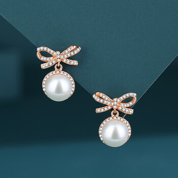 (玫瑰金色)蝴蝶结珍珠耳环