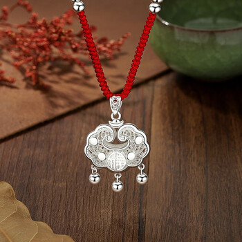 颜界s999足银锁长命锁宝宝镂空平安锁项链吊坠儿童大人毛衣链女友情侣