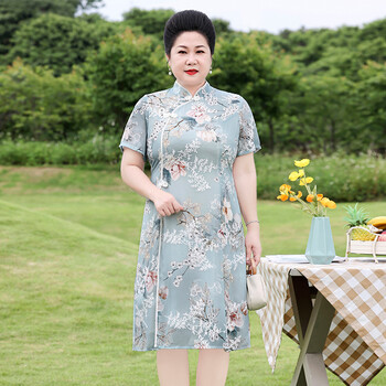 肥胖中年妇女连衣裙大码旗袍妈妈新款中老年女装夏季中长裙 浅蓝色 l