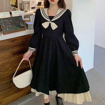 学院风水手制服jk长裙子秋冬宽松学生海军领洛丽塔公主连衣裙 黑色 m