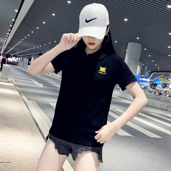 夏装新款运动休闲t恤女显瘦气质纯棉百搭翻领上衣女黑色m建议100107斤